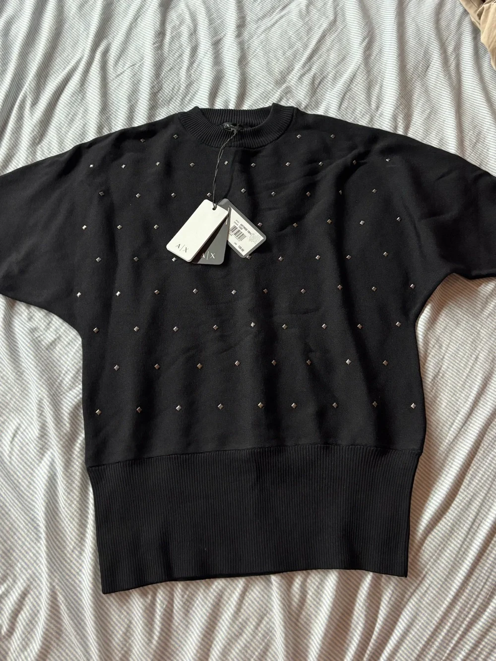 NWT A|X Armani Exchange Black Studded Knit Top - Picture 1 of 4